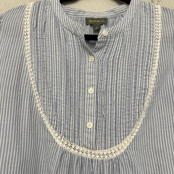 Style & Co Blue Stripe Lace Trim Pintuck Blouse Boho Peasant Top Size XL - Picture 3 of 16